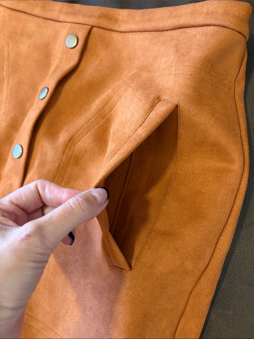 Button-Front Suede Mini Skirt - Tan - Picture 3 of 4